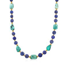 Ross-Simons - Lapis, Turquoise Bead Necklace, 18kt Gold Over Sterling. 18". 8.5mm round lapis beads alternate with 12x12mm free-form turquoise beads in this lovely necklace. 3mm 18kt yellow gold over sterling silver spacer beads. Features a 2" extender. Lobster clasp, turquoise and lapis bead necklace. Natural pyrite flecks in lapis will vary. Jade Bead Necklace, Phoenix Pendant, Red Quartz, Dragonfly Necklace, Turquoise Bead Necklaces, Beaded Pendant Necklace, Lovely Necklace, Beaded Stretch Bracelet, Fine Jewellery Necklace