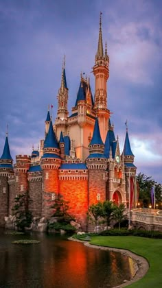 the castle is lit up at night with its lights on