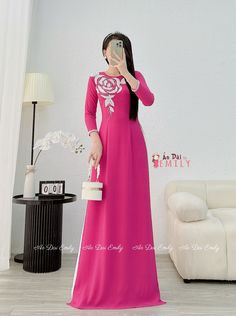 🌸 Material: Double layers chiffon.  Stretchy level: 4/10 🌸 The measurement of this ao dai is in Vietnamese size. American size tends to be bigger for the same size. Please look at the SIZE CHART CAREFULLY before ORDERING. There might have some chalk writings on the fabric, these marks can be washed away. 🌸 No returns or exchanges. Buyer can contact seller about any issues with an order. 🌸 Follow us Facebook/aodaiemily22 www.aodaiemily.com 💜 Thank you very much💜 Long Pink Chiffon Dress, Party Maxi Dress In Pink Georgette, Pink Georgette Maxi Dress For Party, Pink Ao Dai For Evening Spring Events, Pink Long Georgette Dress, Elegant Pink Georgette Maxi Dress, Elegant Pink Ao Dai For Summer, Spring Evening Pink Ao Dai, Pink Long Sleeve Ao Dai For Party