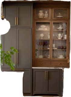 a kitchen cabinet with glass doors and cupboards in the front, side by side