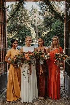 Bridesmaid Dresses in Orange Tones for Outdoor Wedding Orange Bridesmaid, Fall Bridesmaids, Orange Bridesmaid Dresses, Bridesmaids Dress Inspiration, Fall Bridesmaid Dresses, Bridesmaid Inspiration, Yellow Bridesmaid Dresses, Mismatched Bridesmaids, Mismatched Bridesmaid Dresses