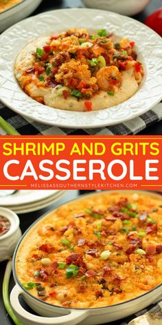 This Southern Shrimp and Grits Casserole is an impressive dish filled with bold flavors and comforting textures. In it, creamy grits are topped with a flavorful medley of seasoned shrimp, bell peppers and tomatoes. Serve it for breakfast, brunch, lunch or supper any time of year. Shrimp And Grits Crockpot Recipe, Baked Shrimp And Grits Casserole, Vegetarian Shrimp And Grits, Grits Casserole Pioneer Woman, Southern Grits Casserole, Seafood Breakfast Casserole, Crock Pot Shrimp And Grits, Shrimp Brunch Ideas, Grits Casserole Breakfast