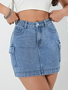 Light Wash  Collar  Denim Plain Bodycon Embellished Non-Stretch  Women Clothing Black Denim Skirt Outfit, Denim Skirts Knee Length, Long Skirt Outfits, White Denim Skirt, Winter Skirt Outfit, Fasion Outfits