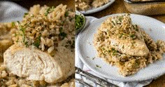 two pictures of different types of food on plates and in pans, one with chicken and rice