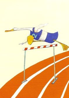 a drawing of a person jumping over a hurdle on a track with an orange and white line