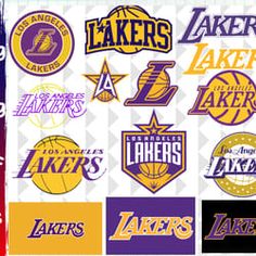 the los angeles lakers logo is shown in purple and yellow, as well as other logos