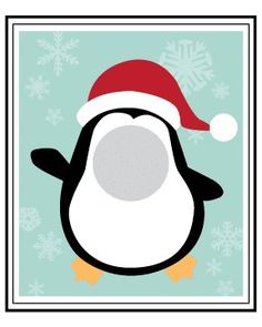 a penguin with a santa hat on it's head and snowflakes in the background