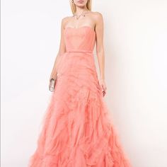 Marchesa Notte Coral Tulle Draped Bodice Gown Color: Coral Strapless Textured Tulle A-Line Skirting Draped Corset Bodice Resort 2019 Collection Evening Dress Pink Wedding Dress With Fitted Bodice For Gala, Pink Gala Gown With Sheer Bodice, Pink Sheer Bodice Gown For Gala, Pink Tulle Skirt Gown For Gala, Pink Tulle Evening Dress For Gala, Pink Gown With Pleated Bodice And Sweetheart Neckline, Elegant Pink Ball Gown With Tulle Skirt, Pink Ball Gown With Sheer Bodice For Gala, Elegant Pink Organza Wedding Dress