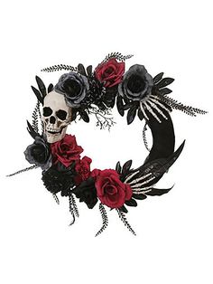 a skull wreath with roses and leaves on the front is decorated in black, red and white