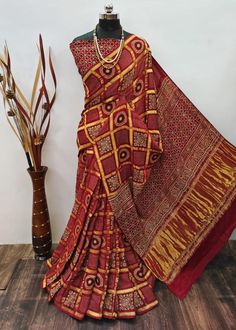 Dharti Bandhani Presenting pure Gajji Silk Ajrakh print, with traditional block print design with desiner blouse. Designer Saree, Georgette Sarees, Beautiful Saree, Pure Silk, Saree Designs, Block Print, Art Collection, Print Design, Bathing Beauties