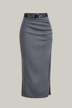 a women's grey skirt with a black belt on the waist and side slit