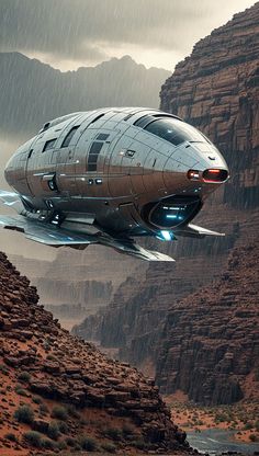 a futuristic spaceship flying over a rocky mountain range in the rain with mountains behind it