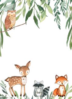 watercolor painting of woodland animals and leaves