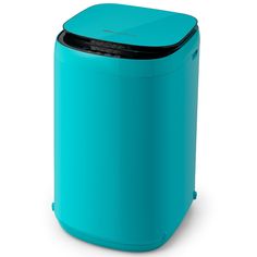 a blue trash can on a white background