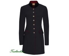 Discover the timeless elegance of the traditional women's frock coat jacket from the "Exclusive Collection" by Trachtenhans. This long traditional jacket skilfully combines tradition and modernity and is a real eye-catcher for every occasion. The elegant anthracite harmonizes perfectly with the red accents and gives the jacket an elegant touch. Made from high-quality materials and featuring fine details and traditional buttons, the women's frock coat jacket is a must-have for all lovers of Alpin Traditional Outerwear With Button Closure For Fall, Traditional Fitted Long Coat, Ceremonial Winter Outerwear With Stand Collar, Fitted Ceremonial Winter Outerwear, Winter Ceremonial Fitted Outerwear, Ceremonial Winter Fitted Outerwear, Ceremonial Stand Collar Outerwear For Winter, Fitted Blazer With Stand Collar And Covered Buttons, Ceremonial Long Sleeve Blazer For Winter