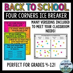 back to school four corners ice breaker with text and pictures on the front, in different colors