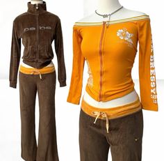 Sweatpants Brown, Brown Sweatpants, Mcbling Fashion, Orange Sweatshirt, 2000s Outfits, Cute Fit