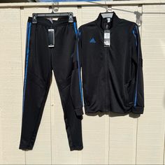 The Back And Blue 3 Striped Jacket Size Is M The Pant Size Is S Fitted Black Track Jacket With Pockets, Adidas Set, Adidas Jackets, Striped Jacket, Adidas Black, Pants Color, Black Adidas, Adidas Women, Adidas Jacket