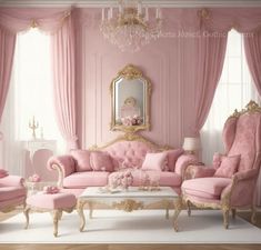 a living room with pink furniture and curtains