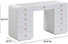 a white desk with five drawers is shown