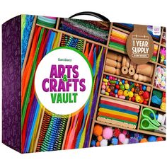 the arts and crafts vault is packed with lots of crafting supplies, including scissors, yarn