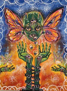 an image of a painting with many hands and fingers in front of a green creature