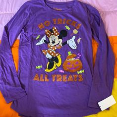 New Disney Minnie Mouse Halloween Long Sleeve Shirt Size Xl 14/16 Disney Long Sleeve Tops For Fall, Long Sleeve Character Print T-shirt For Disney Trips, Cute Mickey Mouse Tops For Fall, Cute Minnie Mouse Tops For Fall, Fall Mickey Mouse Cotton Tops, Fall Cotton Mickey Mouse Tops, Disney Character Print Tops For Fall, Fall Disney Character Print Tops, Character Print Top For Disney Fan Events In Fall