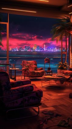 a living room filled with furniture under a purple sky