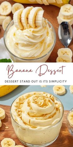 banana dessert with whipped cream and sliced bananas in the background on a wooden table top