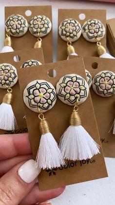 Made with clay, baked at high temperature, and hand painted by skilled artisans, these earrings are sure to add color & joy to your outfits! Porcelain Earrings, Ceramic Earrings, Ceramic Earring, Earrings Long, Earrings Dangle, Handmade Ceramic, Tassel Earrings, Long Earrings, High Temperature