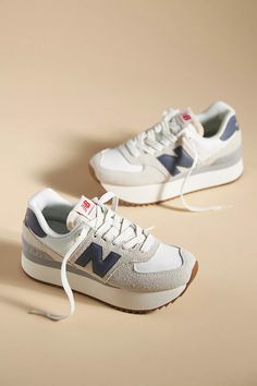 New Balance 574+ Sneakers | Anthropologie Women’s New Balance Shoes, New Balance Shoes Aesthetic, Beige Sneakers Outfit, New Balance 574 Platform, New Balance 574 Sneakers, New Balances, White Boho Tops, Staple Shoes, Beige Sneakers