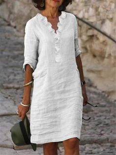 Women's Cotton Linen Dress Casual Dress Shift Dress Mini Dress Cotton Blend Basic Classic Outdoor Daily Vacation V Neck Ruffle Basic Half Sleeve Summer Spring Fall 2023 Regular Fit White Plain S M L 9500280 2023 – 455.89 Classic Linen Dress, Brick Bbq, Look Casual Chic, Dress 2022, Dress Sleeve Length, Collared Shirt Dress, Everyday Dress, Cotton Linen Dresses, Linen Shirt Dress