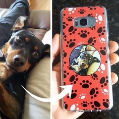 a dog laying on top of a couch next to a phone case with a photo of a dog