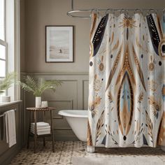 a bath room with a tub and a shower curtain