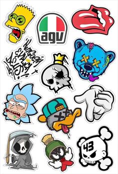 various cartoon stickers are shown on a white background