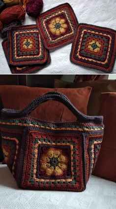 crocheted granny bag and coasters with yarn