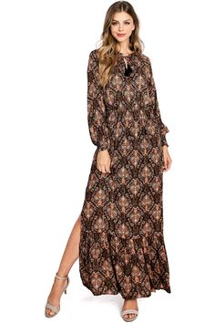 Stunning bohemian maxi dress with metallic threading for a perfect amount of sparkle. Long sleeves with a self-tie keyhole neckline. Leg slits on both sides. Short lining underneath. CARE | Dry Clean or Hand Wash Cold CONTENTS | Self: 99% Rayon 1% Lurex/ Lining: 100% Polyester MEASUREMENTS | 57"/145 cm Shoulder to Hem (Size Small) MODEL | 5'8 - wearing a size Small IMPORTED Bohemian Maxi, Bohemian Maxi Dress, Love Stitch, Keyhole Neckline, Threading, Black Maxi Dress, Black Media, Dry Clean, Hand Wash