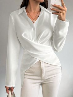 Women Spring And Summer Solid Color Waist Cross Long Sleeve Elegant Commuter Shirt White Casual  Long Sleeve Woven Fabric Plain Shirt Non-Stretch  Women Clothing, size features are:Bust: ,Length: ,Sleeve Length: Form Outfits, Sixth Form Outfits, White Lilly, Sixth Form, Plain Shirt, Plain Shirts