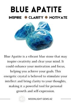 Unlock the vibrant energy of Blue Apatite! This captivating crystal is known for its ability to enhance creativity and motivation. Blue Apatite is said to stimulate the mind, promote clarity, and deepen spiritual awareness. It may help you manifest your goals, boost your confidence, and facilitate personal growth. Perfect for meditation and communication, Blue Apatite could be your ideal companion for achieving your dreams and expanding your consciousness. Embrace the inspiring power of Blue Apatite today! 🌟🔮  #BlueApatite #CrystalHealing #Creativity #Motivation #SpiritualAwareness #HealingCrystals #Manifestation #PersonalGrowth #Meditation #Clarity Blue Apatite Crystal Meaning, Apatite Crystal Meaning, Crystal Meanings Charts, Crystal Knowledge, Creativity Motivation, Witch Life, Crystal Magick, Blue Apatite Crystal