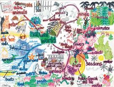 a map with animals, plants and other things in the area that is written on it