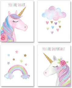 four cards with unicorns and hearts on them