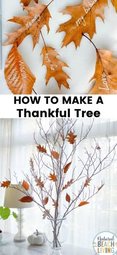 two pictures with leaves on them and the words how to make a thanksgiving tree in it