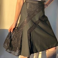 "Beautiful black lace skirt. Fully lined, lace inserts, asymmetrical hem line. Skirt only. Top not included Size: 6 Brand: The Limited Closure: Back zipper. Condition: Preowned Vintage Excellent. No visible rips stains or imperfections. Measurements (lying flat not stretched): Waist 14.5\". Length from front 25\"." Fitted Party Skirt With Lace Patchwork, Fitted Skirt With Lace Patchwork For Party, Fitted Lace Patchwork Skirt For Party, Black Gothic Skirt With Asymmetrical Hem, Fitted Lace Asymmetrical Skirt, Black Lace Trim Skirt For Night Out, Black Lace Skirt With Lace Patchwork, Fitted Lace Trim Skirt For Night Out, Fitted Skirt With Lace Trim For Night Out