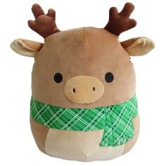 a stuffed animal with a scarf around it's neck and antlers on its head