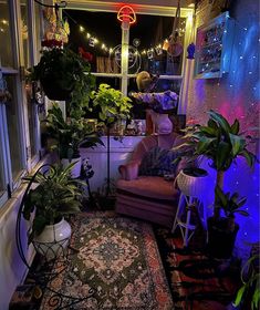 a living room filled with lots of plants next to a large window covered in lights