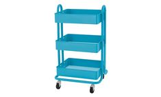 a blue plastic shelf with three shelves on wheels