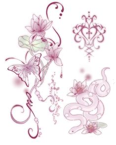 some pink flowers and swirls on a white background