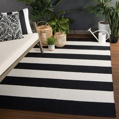 a black and white striped rug with potted plants