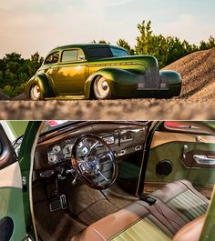 the interior and dashboard of an old fashioned car in two different pictures, one is green