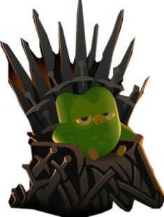 a green bird sitting on the iron throne